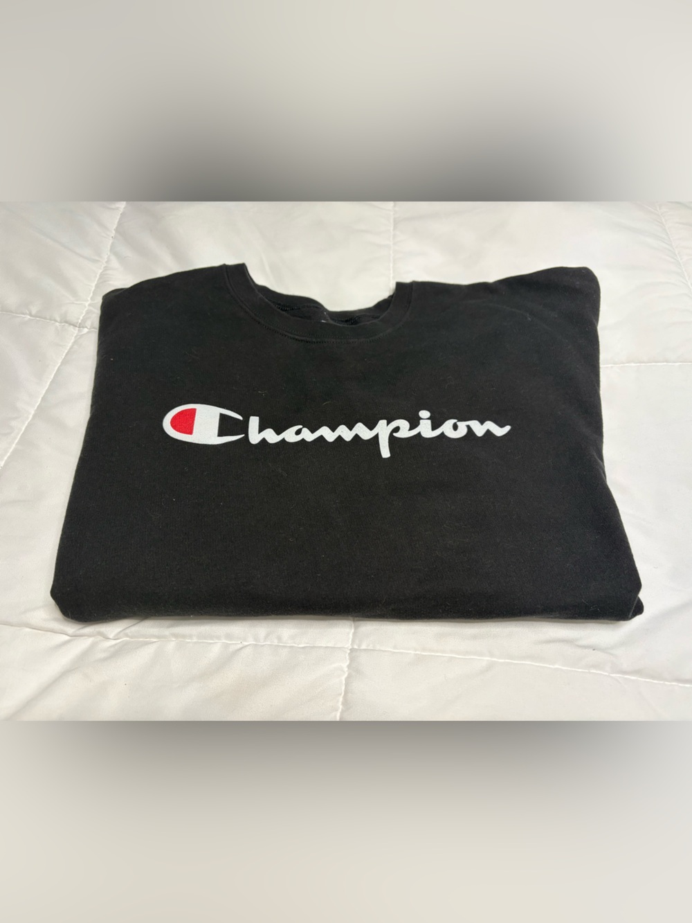 Champion Black Crewneck Sweatshirt with White Script and Red Logo